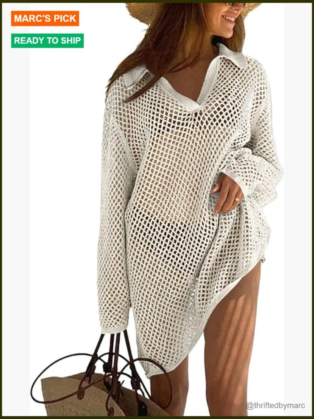 Crochet Swim Cover Up Long Sleeve Sheer Beach Dress Vacation Outfit